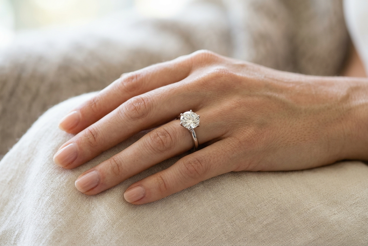 Woman's hand wearing an elegant diamond solitaire engagement ring