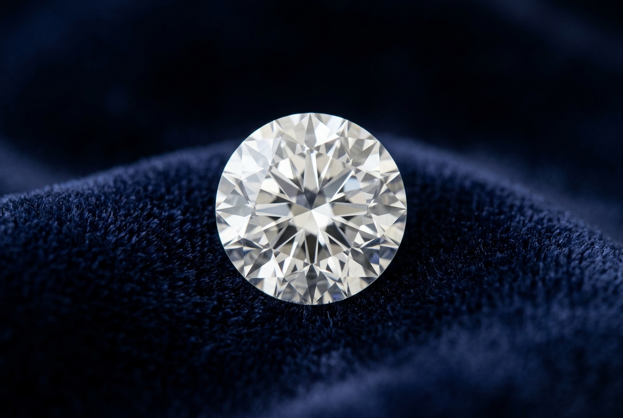 Loose round brilliant cut diamond on dark velvet, realistic sparkle