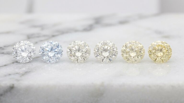 Diamond color grade scale showing D through J grades from colorless to near colorless