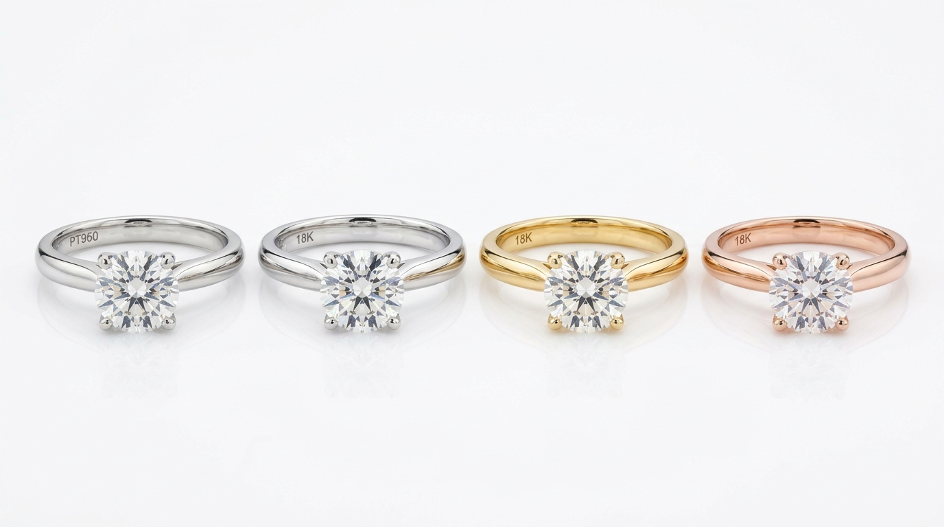 Same diamond shown in platinum, white gold, yellow gold, and rose gold settings
