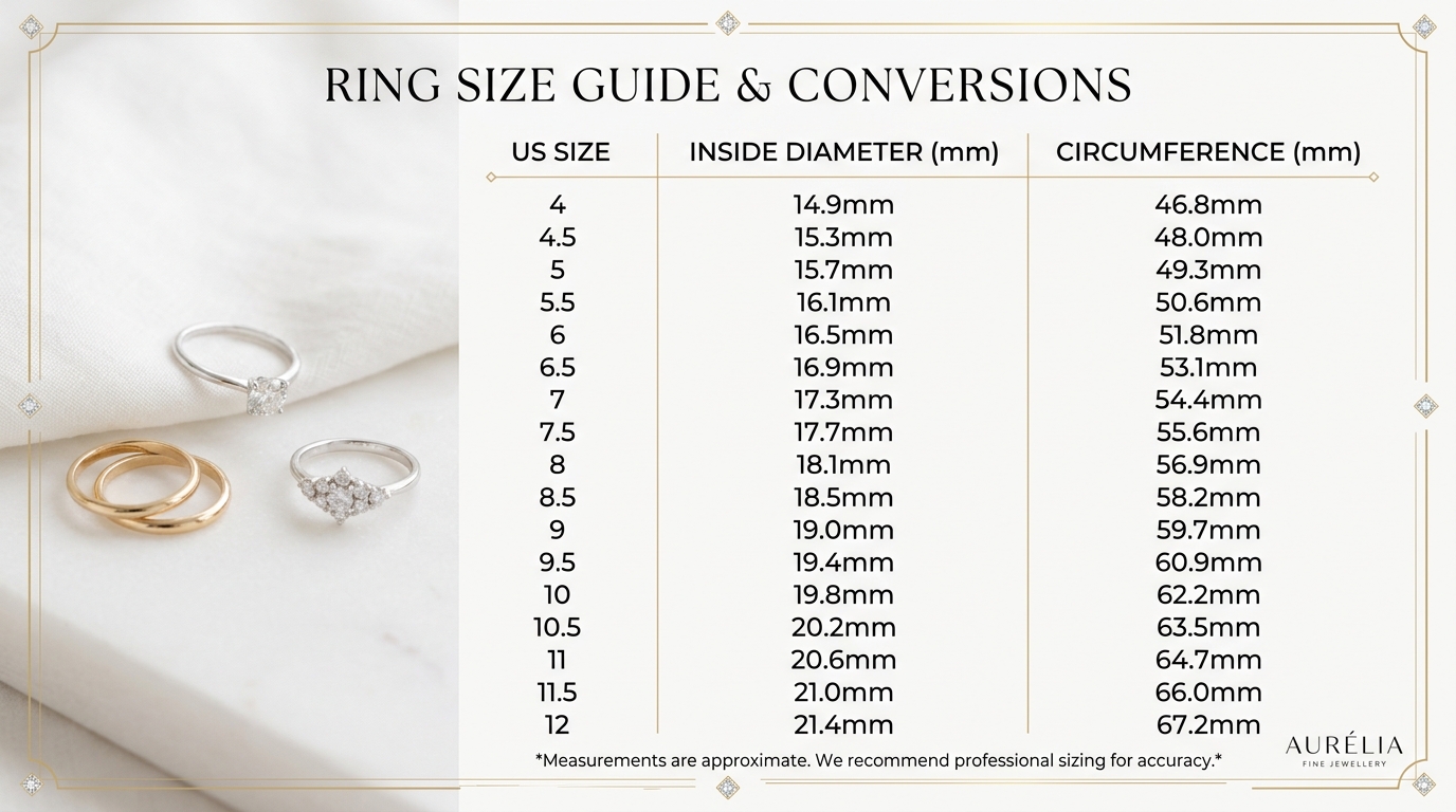 Ring size conversion chart showing US, UK, and European sizes