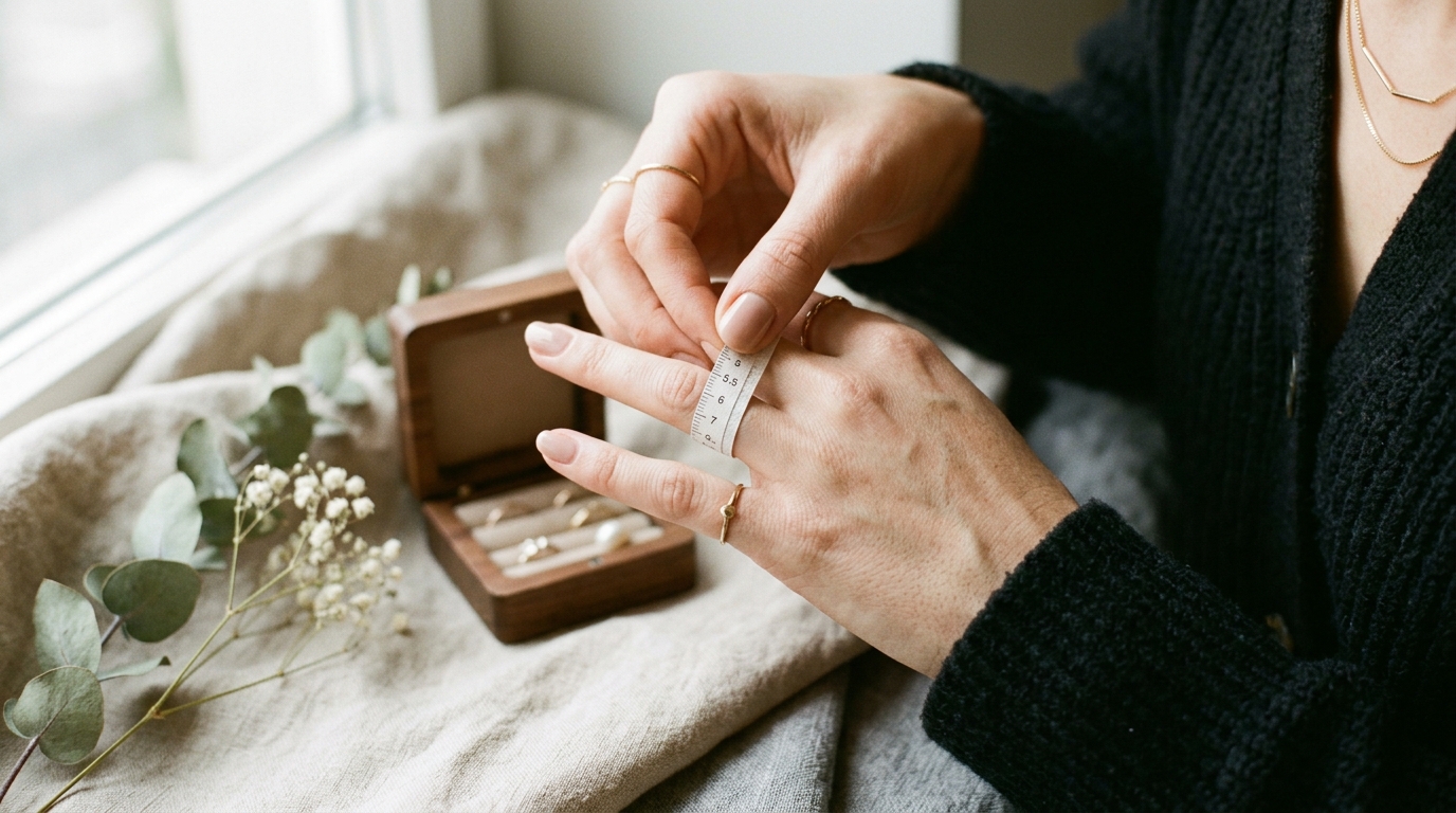 Measuring ring size at home using a strip of paper wrapped around the finger