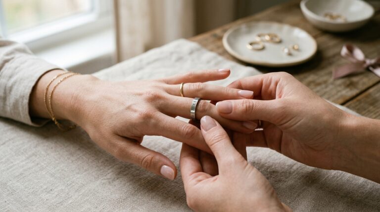 Measuring ring size with a ring sizer gauge for an engagement ring