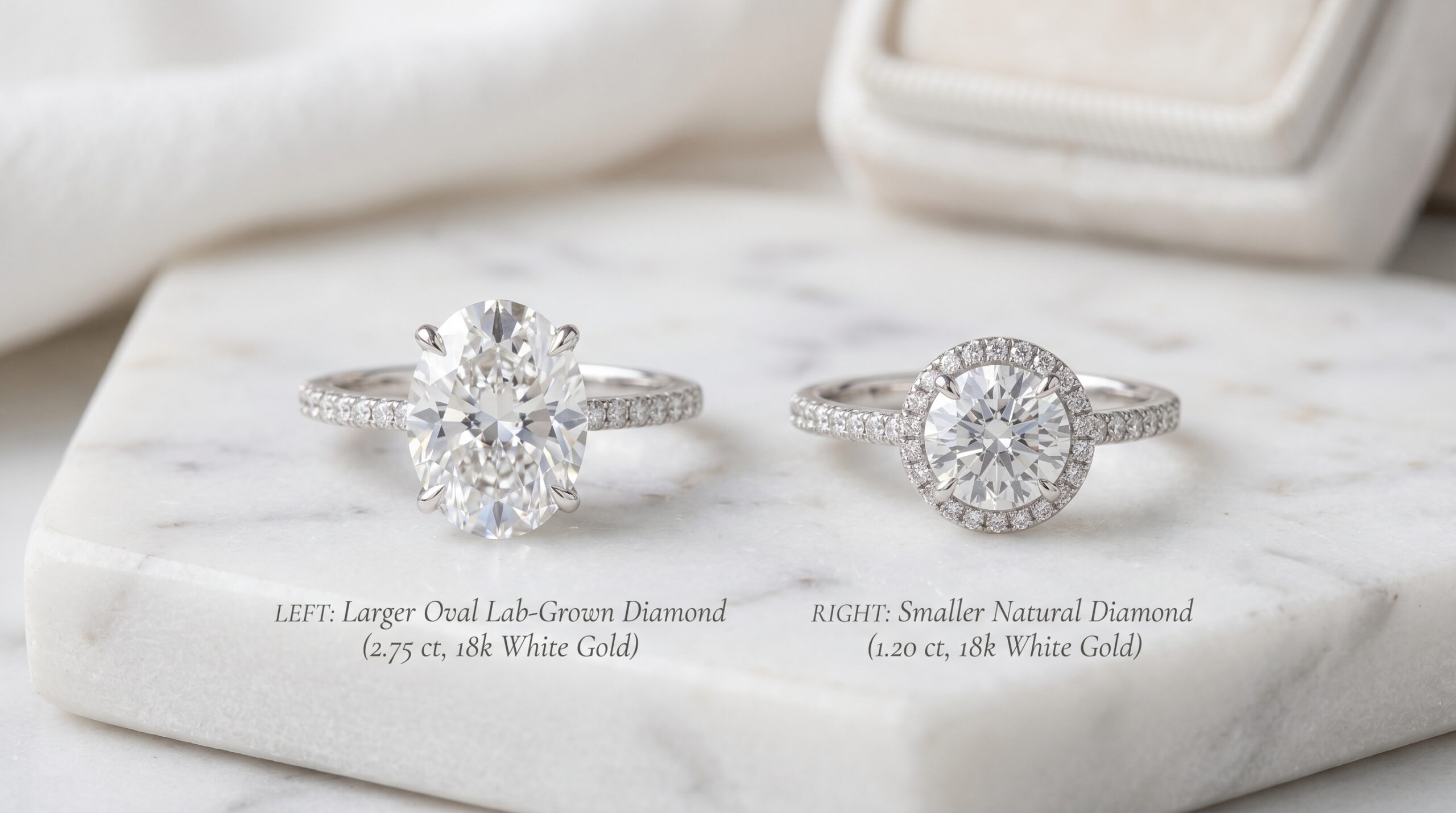 Lab grown vs natural diamond at $2,000 — the same budget produces very different stone sizes in 2026