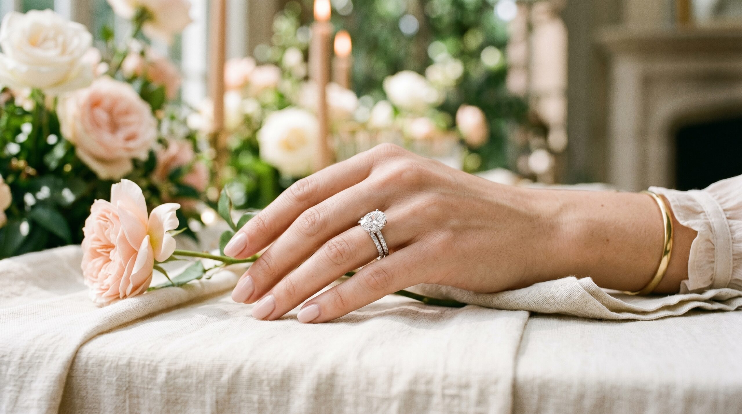 3.5-carat oval lab grown diamond ring with wedding band on hand — a $6,000 budget creates a truly stunning bridal set in 2026