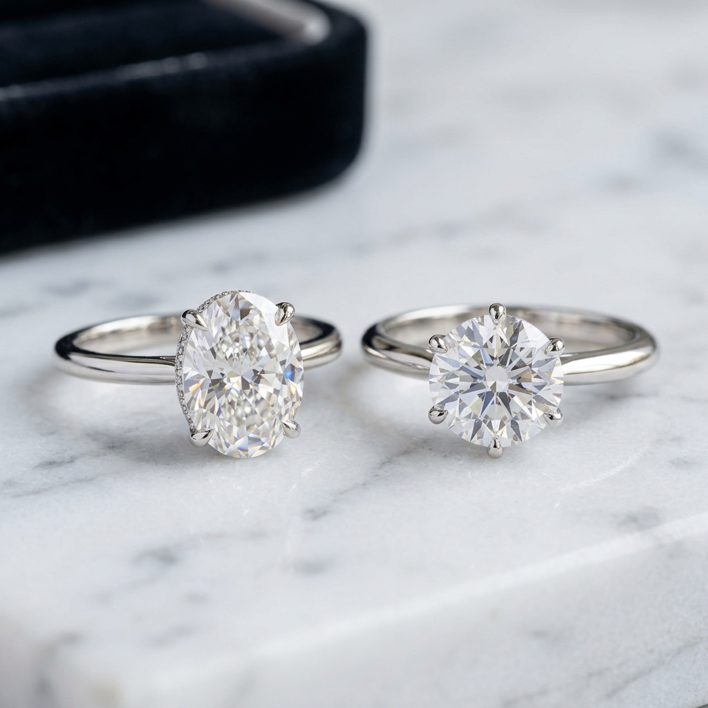 Two diamond engagement rings on white marble showing what a $5,000 budget buys — lab grown oval and natural round brilliant