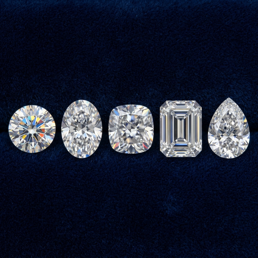 Five diamond shapes comparison — round brilliant, oval, cushion, emerald cut, and pear on dark velvet