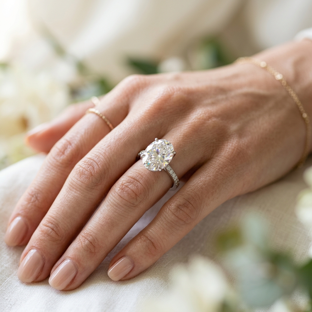 Large oval-cut lab grown diamond engagement ring in white gold on a woman's hand