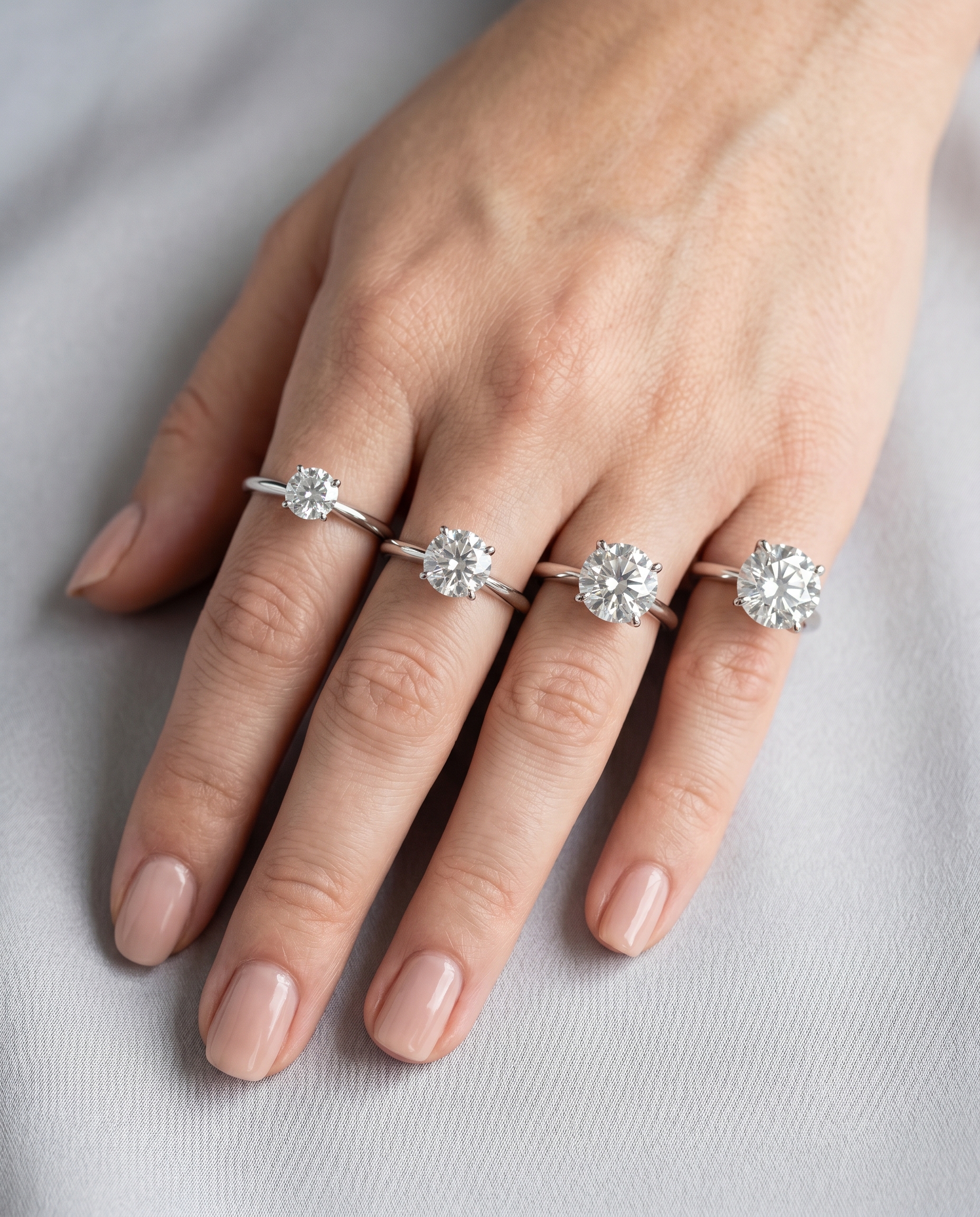 Round diamond engagement rings on a hand showing size comparison from 0.5 carat to 3 carats