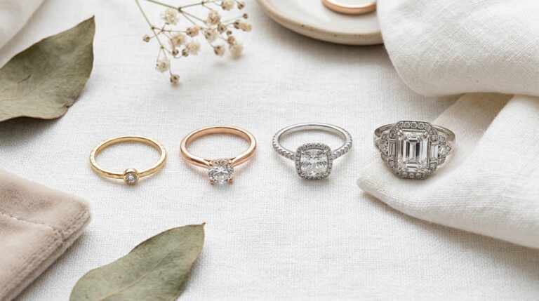 Assortment of four diamond engagement rings at different price points on white fabric — how to choose an engagement ring on any budget in 2026