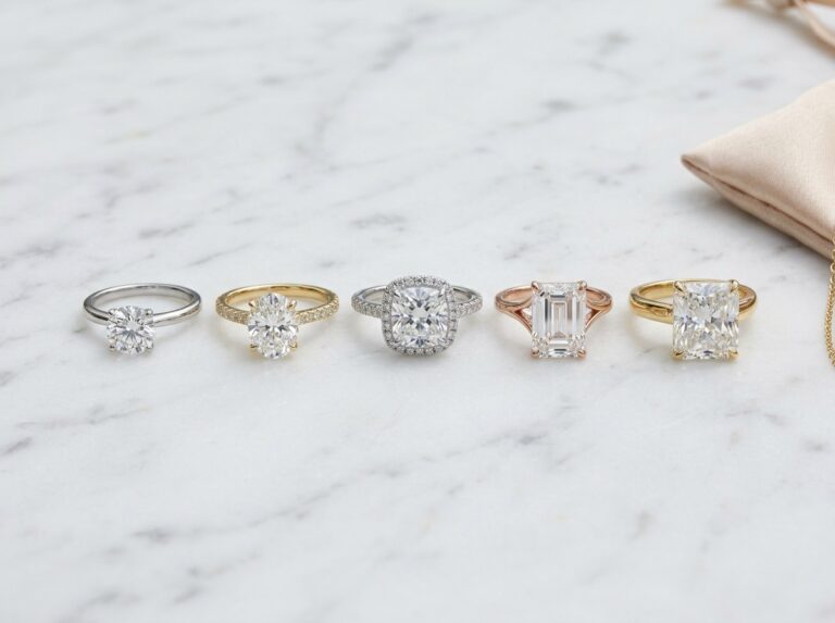 Five lab grown diamond engagement rings in a row from 1 to 5 carats — comparing lab grown diamond prices and sizes in 2026